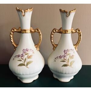 Set of 2 Large Antique Floral/Gold Trim Porcelain Vases 12”tall x 6”wide